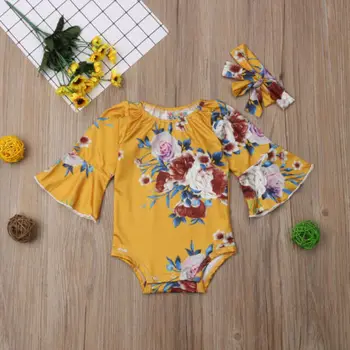 2019 Novorodenca Baby Girl Dlhý Rukáv Kvetinový Kombinézu+hlavový most Oblečenie Nastaviť Veľkosť 0-24M