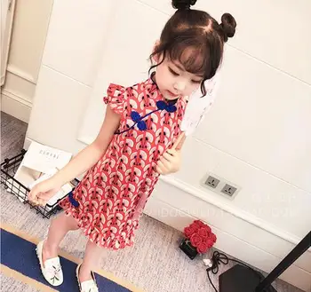 2019 nové dievčatá čínske šaty deti šifón červená tlač dieťa qipao deti bez rukávov cheongsam svadobné šaty, šaty, chinoise