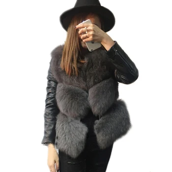 2019 Nové High Imitácia Líška Srsť Srsť Odnímateľná PU Rukávy Teplý Zimný Kabát Gray Fox Kabát Plus Veľkosť 3XL Kabát PC236