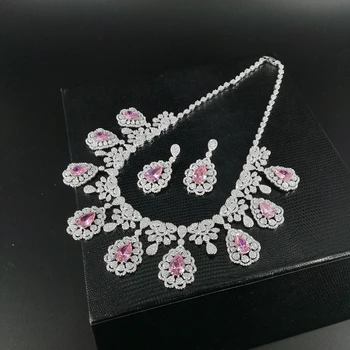 2019 nové módne luruxy ružová CZ zirkón náhrdelníky náušnice náramok, prsteň, šperky nastaviť svadobné nevesty, spoločenské obliekanie šperky set
