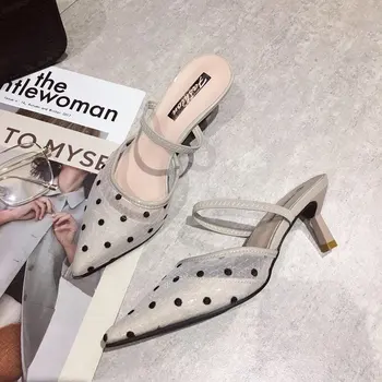 2019 Nové Polka Dot Vysokým Podpätkom Ženy Sandále Ukázal Prst Čipky Tkaných Sandále, Topánky Vintage Geometrie Päty Ženy Sandále