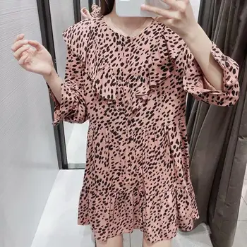 2019 nové žien O krk zviera vzor tlače skladaný volánikmi mini šaty sladké agaric čipky leopard vestidos bežné šaty DS3021