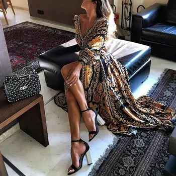 2019 Nový Štýl, Módne, Elegantné Ženy Sexy Lesk Hlboko V Krku Split Tlač Party Šaty Formálne Dlhé Šaty Sexy Clubwear Vestidos