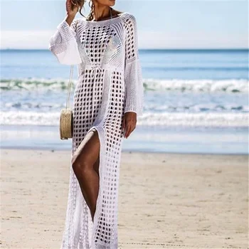 2019 Sexy Háčkovanie Biele Pláže zakryť Šaty Žien Tunika Split Plavky, plážové oblečenie, Pletené Bikini Cover-up Long Beach Šaty