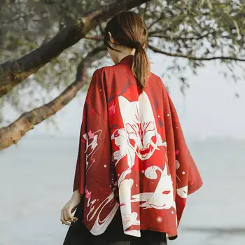 2019 Vintage Japonský Harajuku Topy Bežné Kreslených Mačka Tričko Japonské kimono Tlač Šifón Cardigan Módne 2019 Tričko Žena