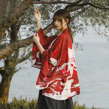 2019 Vintage Japonský Harajuku Topy Bežné Kreslených Mačka Tričko Japonské kimono Tlač Šifón Cardigan Módne 2019 Tričko Žena