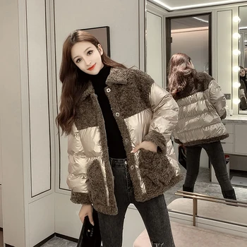 2019 zimné kórejský faux jahňacie kožušiny patchwork svetlé, hrubé bavlna kabát klope voľné látková bunda