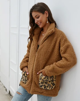 2019 Zimné Nový Štýl Ženy Fleece Kožušiny Teplý Kabát, Bundu Leopard Vrecku Dlhý Rukáv Zips Módne Kabát, Bundu Outwear