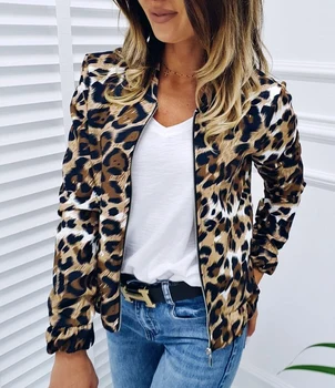 2019 Ženy Causual Coats Vesty Ženy Bunda Jeseň Zima Ženy Bežné Leopard Vytlačené Dlhý Rukáv Zips Otvoriť Steh
