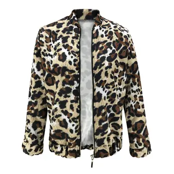 2019 Ženy Causual Coats Vesty Ženy Bunda Jeseň Zima Ženy Bežné Leopard Vytlačené Dlhý Rukáv Zips Otvoriť Steh