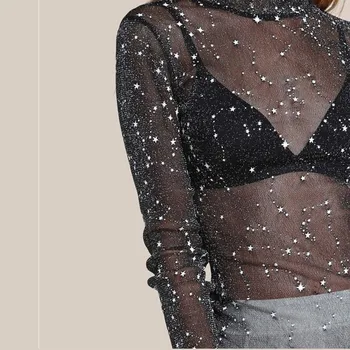 2019 Ženy Móda Oka Topy Sexy Vidieť Cez Pohľad Obyčajné Čierne Elegantné Star Tlač Oka T-Shirt Femmes Top Clubwear Plus Veľkosť