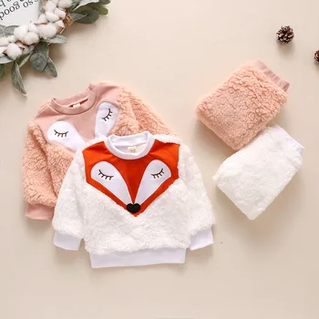 2020 0-18 M Zime Patria Baby Oblek Oblečenie Chlapci Dievčatá Fox Head Cartoon Plyšové Top Mikina+Novorodencov Coral Vlna Tepelnej Nohavice Nastaviť