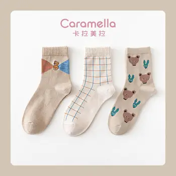2020 Caramella Ženy, Ponožky 3Pairs/Veľa Zimné Jeseň Roztomilý Kreslený Medveď Ponožky Khaki Bavlna Dievčatá Ponožky Sladké Pohodlný Lady Ponožky