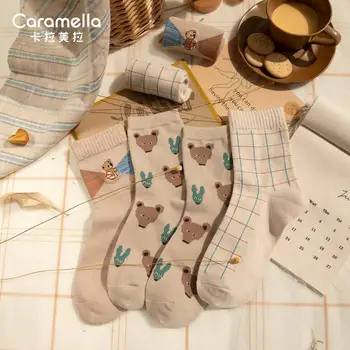 2020 Caramella Ženy, Ponožky 3Pairs/Veľa Zimné Jeseň Roztomilý Kreslený Medveď Ponožky Khaki Bavlna Dievčatá Ponožky Sladké Pohodlný Lady Ponožky