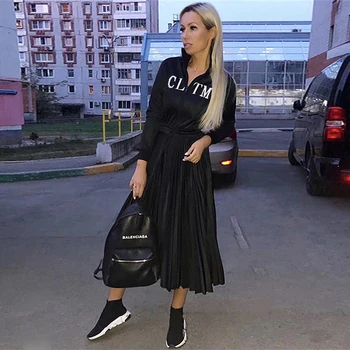 2020 dámske Čierne Elegantné Skladaný Šaty s Dlhým Rukávom Stojan Golier, Vpredu na Zips, Vysoký Pás Bežné Šaty Celebrity Strany Vestidos