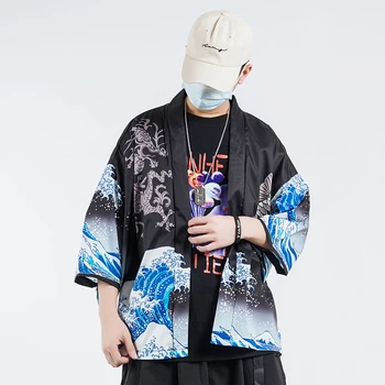 2020 Harajuku Kimono Cardigan Japonský Haori Kanagawa Veľká Vlna Hip Hop Mens Streetwear Dragon Koi Fish Tenké Šaty Japonskom Štýle