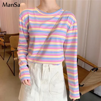 2020 jar Rainbow, Tričko Ženy Prekladané kórejský Štýl t-shirts Roupas Feminina Bežné Dlhý Rukáv Kawaii Jeseň Tees Ružová Topy