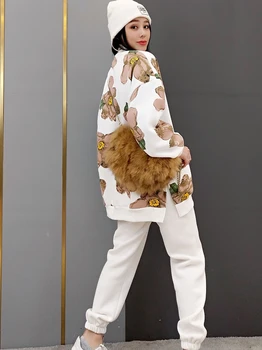 2020 jesenné a zimné nové módne farby kórejská verzia plus velvet mikina bunda + tepláky dámske dvojdielne streetwear