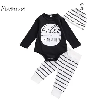 2020 Jeseň Baby Boy Šaty List Vytlačený Dlhý Rukáv Jumpsuit Fashion Stripe Dlhé Nohavice s Klobúk 3ks