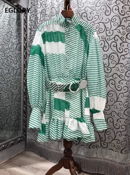 2020 Jeseň Fashion Pruhované Šaty Vysokej Kvality Dizajnér Ženy, Zelená Farba Blok Tunika Tlačidlá Deco Dlhý Rukáv Prehrabať Šaty Pásu