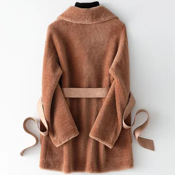 2020 Jeseň Fashion Ženy Vysoká kvalita Vlny kožušiny kožený kabát Hot Elegantné vrecká pás Vlny kabát C560