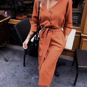 2020 Jeseň Maxi Šaty Pre Ženy Dlhým rukávom V-neck Tlačidlo Pás jednofarebné Oblečenie Party Šaty Pre Ženy Street Wear