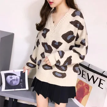 2020 jeseň nový sveter voľné tvaru pulóver lenivý štýl leopard tlač sveter žien vonkajšie nosenie pulóver