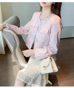 2020 Jeseň Ružová Tweed bunda, kabát klasické dámske wild dámy Singel svojim Ženskej Módy Vintage krátke vrchné oblečenie