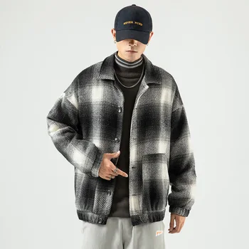 2020 Jeseň Zima Nové Bunda Mužov Klasický Kockovaný Krátke Vlnené Kabát Singel Svojim Retro Kockovaná Bežné Vrchné Oblečenie Plus Veľkosť