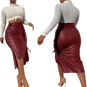 2020 Jeseň Zima PU Kožené Sukne, Elegantné Ženy Vysoký Pás Nepravidelný Tlačidlo Rozdeliť Bodycon Sukne 5 Farieb