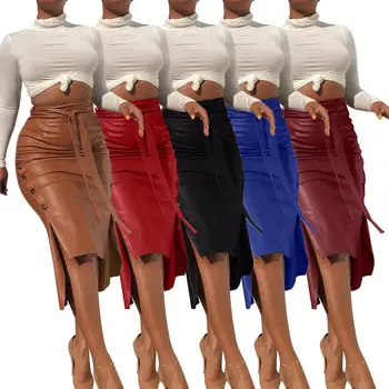 2020 Jeseň Zima PU Kožené Sukne, Elegantné Ženy Vysoký Pás Nepravidelný Tlačidlo Rozdeliť Bodycon Sukne 5 Farieb