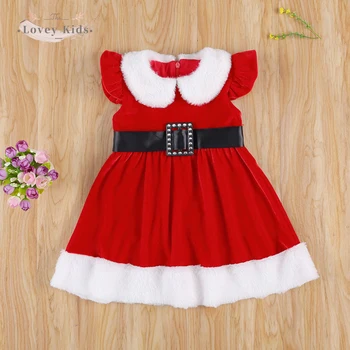 2020 Jeseň Zima Vianočné Dieťa Dievča Červené Šaty Princezná Prehrabať Rukáv Plyšové Patchwork Vianoce Klope Šaty A-line Oblečenie