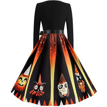 2020 Jeseň Zima Ženy Elegantný Dlhý Rukáv Vintage Šaty Príležitostné O-Neck Black Print Halloween Party Šaty Plus Veľkosť Oblečenie