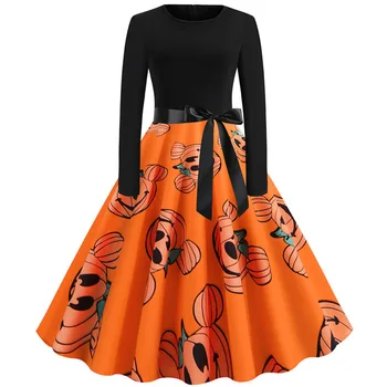 2020 Jeseň Zima Ženy Elegantný Dlhý Rukáv Vintage Šaty Príležitostné O-Neck Black Print Halloween Party Šaty Plus Veľkosť Oblečenie