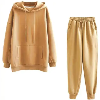 2020 Jeseň Zima Ženy hrubé fleece, bavlna farby 2 ks súpravy hoodies mikiny a nohavice obleky