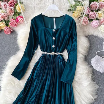 2020 jeseň zima ženy šaty vintage tenkým dlhým rukávom skladaný zamatové šaty dámske elegantné námestie krku Strany midi šaty