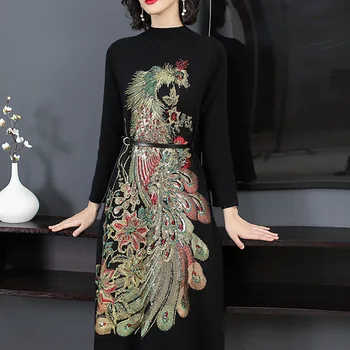 2020 Jeseň Zimné Módne Pletené Šaty Vysoko Kvalitné Ženy Luxusné Výšivky Vzory Dlhý Rukáv Teplé Dlhý Sveter Šaty