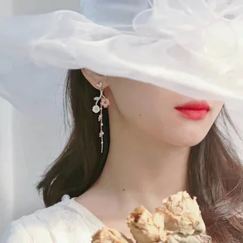 2020 Kórejský Nových Pobočiek Srdce Visieť Náušnice Crystal Kvet Dlhý Strapec Náušnice, Módne Žena Temperament Šperky