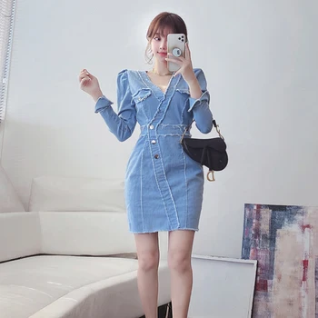 2020 kórejský Štýl High-end Elegantného tvaru Tenkým Dlhým rukávom Módne Džínsové Šaty Žien Jeseň Nový Úsek Modré Šaty Bodycon