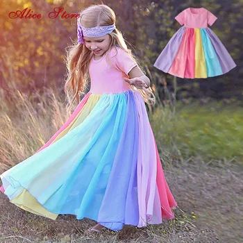 2020 Lete Dievčatá Krátky Rukáv Šaty Dlhé Dúha Farieb princezná Šaty, Šitie detské Oblečenie Pre 2-8 Rokov deti