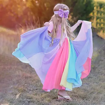 2020 Lete Dievčatá Krátky Rukáv Šaty Dlhé Dúha Farieb princezná Šaty, Šitie detské Oblečenie Pre 2-8 Rokov deti