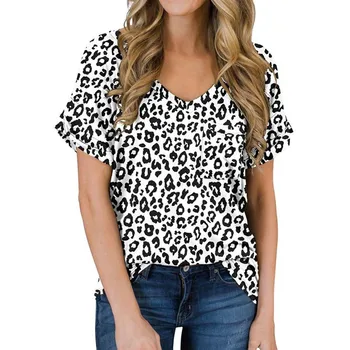 2020 Lete Leopard T Shirt Žien V-neck Tričko Krátky Rukáv Ročníka Topy Plus Veľkosť Streetwear Módy Bežné Tee Tričko Femme