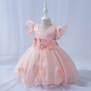 2020 Lete Nové Dievča Princezná Šaty Bez Rukávov Malé Lietajúce Rukáv Šaty Jeden-Rok-Starý Luk Baby Šaty Vestidos Šampanské Ružové