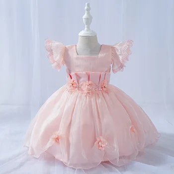 2020 Lete Nové Dievča Princezná Šaty Bez Rukávov Malé Lietajúce Rukáv Šaty Jeden-Rok-Starý Luk Baby Šaty Vestidos Šampanské Ružové