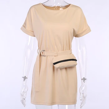 2020 Lete Pevné Šaty Žien Krátky Rukáv O-krku Mini Šaty Pás Pás Taška Módu Bežné Šaty Žena Streetwear Vestidos