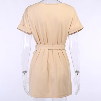 2020 Lete Pevné Šaty Žien Krátky Rukáv O-krku Mini Šaty Pás Pás Taška Módu Bežné Šaty Žena Streetwear Vestidos