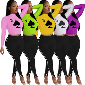2020 Lete Ženy Vyhovovali Solid-farba Poker Piky Q Tlač Dlhé Rukávy Plodín Topy Patchwork Nohavice Dvoch Dielna Sada Dámske Oblečenie