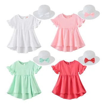 2020 Letné Dievčenské Šaty Candy Farby Šiat Pre Deti Nepravidelný Deti Ležérne Oblečenie Baby Plážové Šaty S Klobúkom