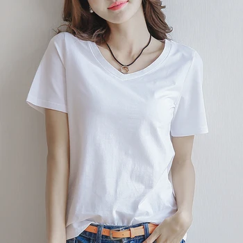 2020 Letné krátke rukáv V krku t-shirt Pani voľné jednoduché bavlna kórejský tričko T-shirt tide