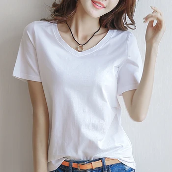 2020 Letné krátke rukáv V krku t-shirt Pani voľné jednoduché bavlna kórejský tričko T-shirt tide